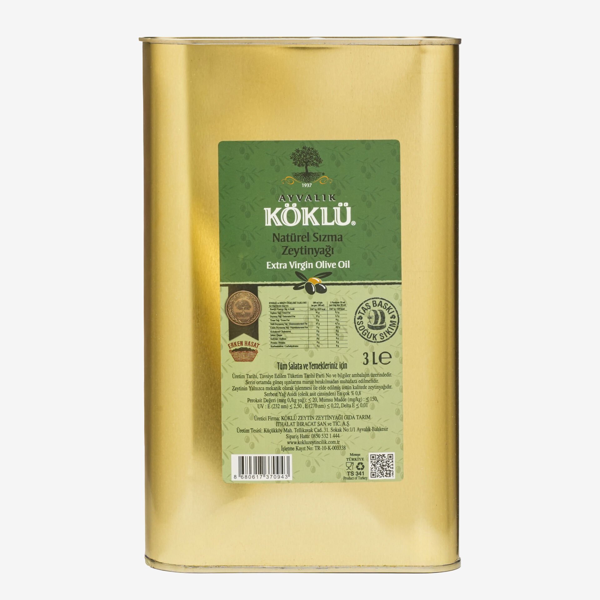 3 Lt Teneke Taş Baskı Soğuk Sıkım Erken Hasat Natürel Sızma